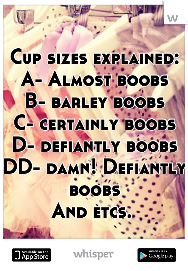 Size chart in alphabetical order BRA Sizes A - almost boobs B